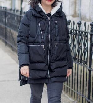 NEW OROLAY Sz Small Warm 90% Down Navy Fleece Lined Hood Winter Coat Jacket